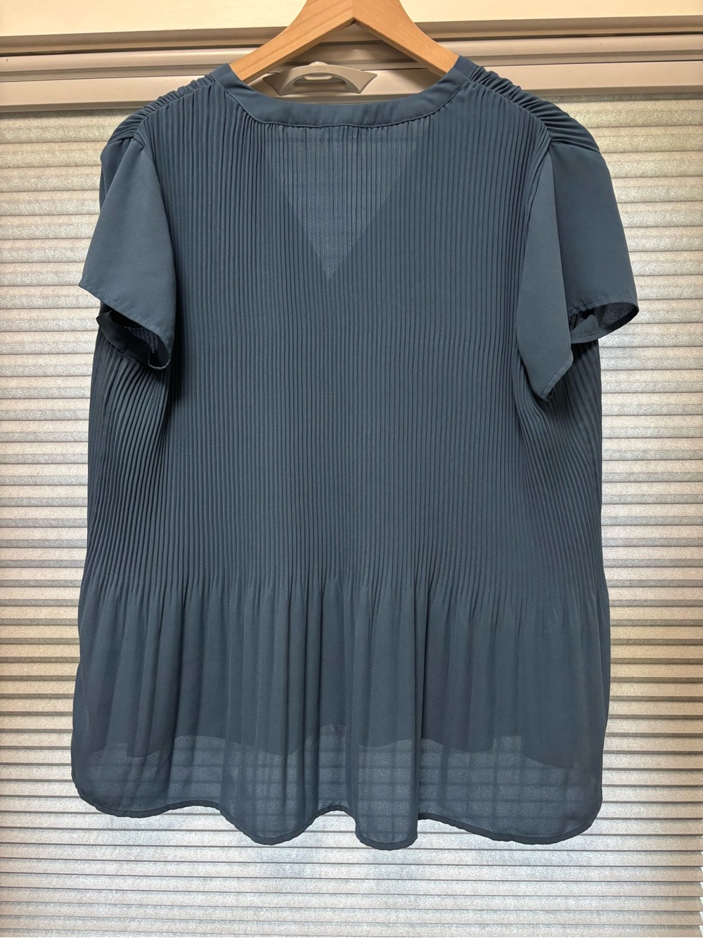 Pleione Pleated V-Neck Blouse Button-Front Top in Dusty Blue-Gray - Picture 2 of 4